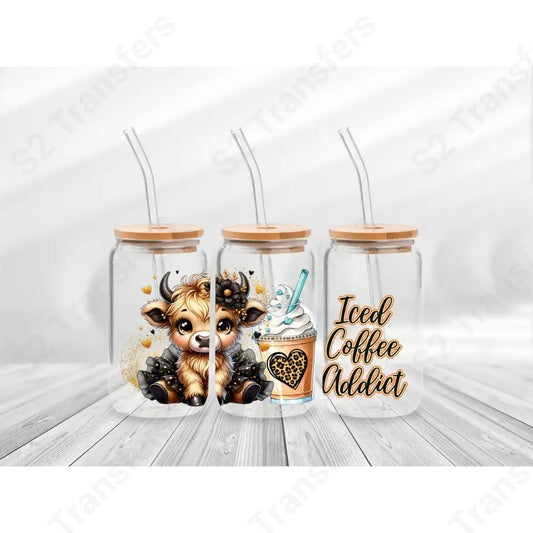 16 Oz Iced Coffee Addict Cheetah Highland Cup Wrap - UV DTF Transfer UV DTF Cup Wrap