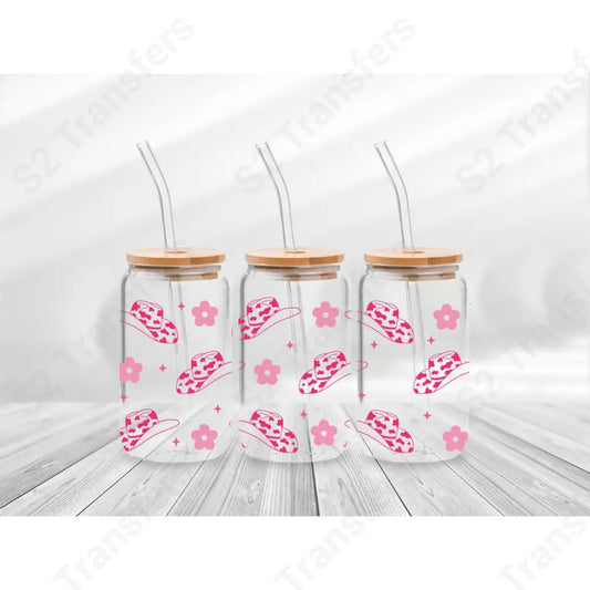 16 Oz Pink Western Cowgirl Hat Cup Wrap - UV DTF Transfer UV DTF Cup Wrap