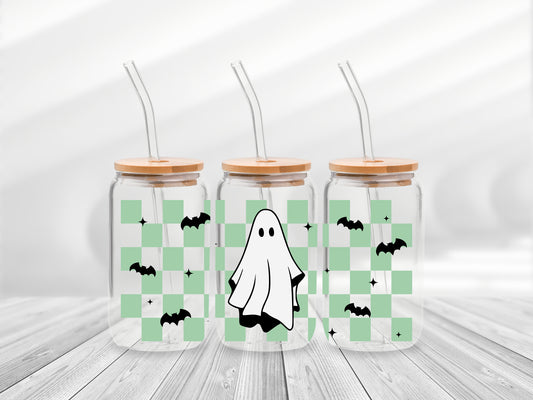 16 Oz Checkered Green Ghost Cup Wrap - UV DTF Transfer