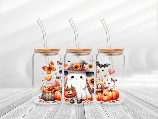 16 Oz Cute Fall Ghost Cup Wrap - UV DTF Transfer