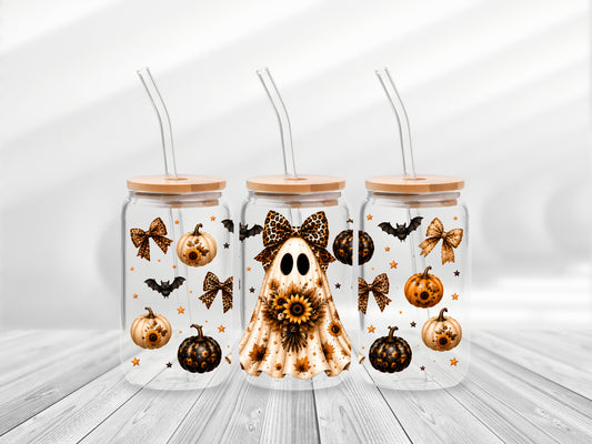 16 Oz Sunflower Leopard Ghost Cup Wrap - UV DTF Transfer