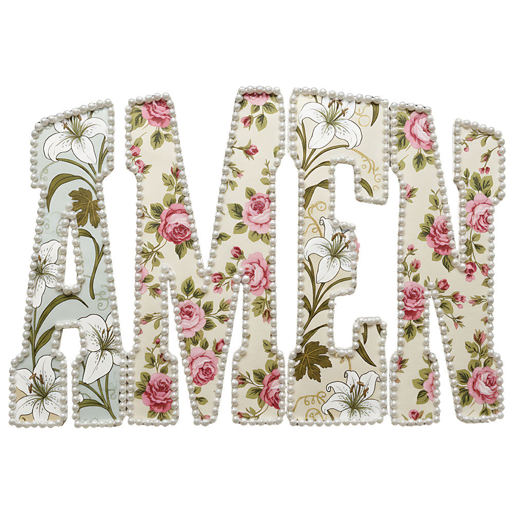 Amen Floral Pearls DTF transfer design mockup on a t-shirt featuring AMEN typography filled with floral pattern and pearl strand accents