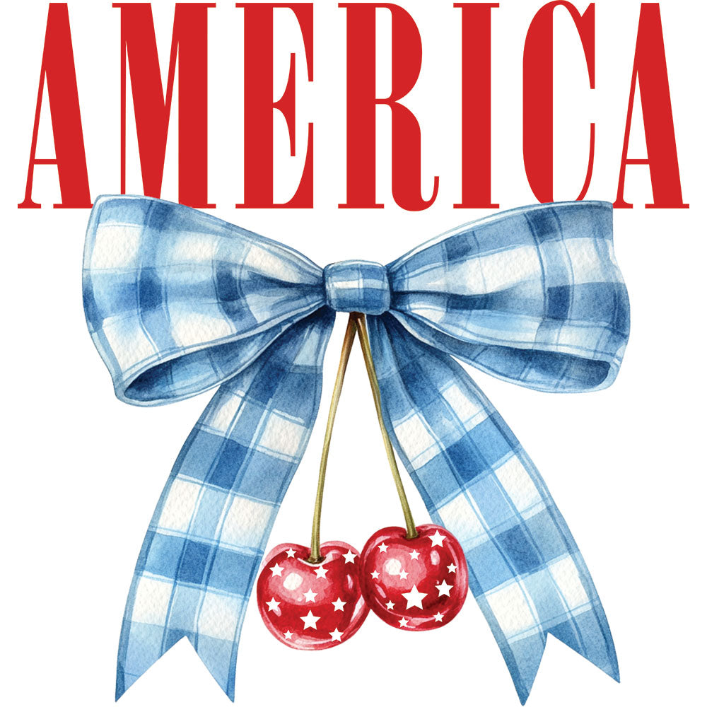 America Cherries Bow DTF transfer design featuring tall red AMERICA typography above a blue and white plaid bow holding red cherries with white star patterns