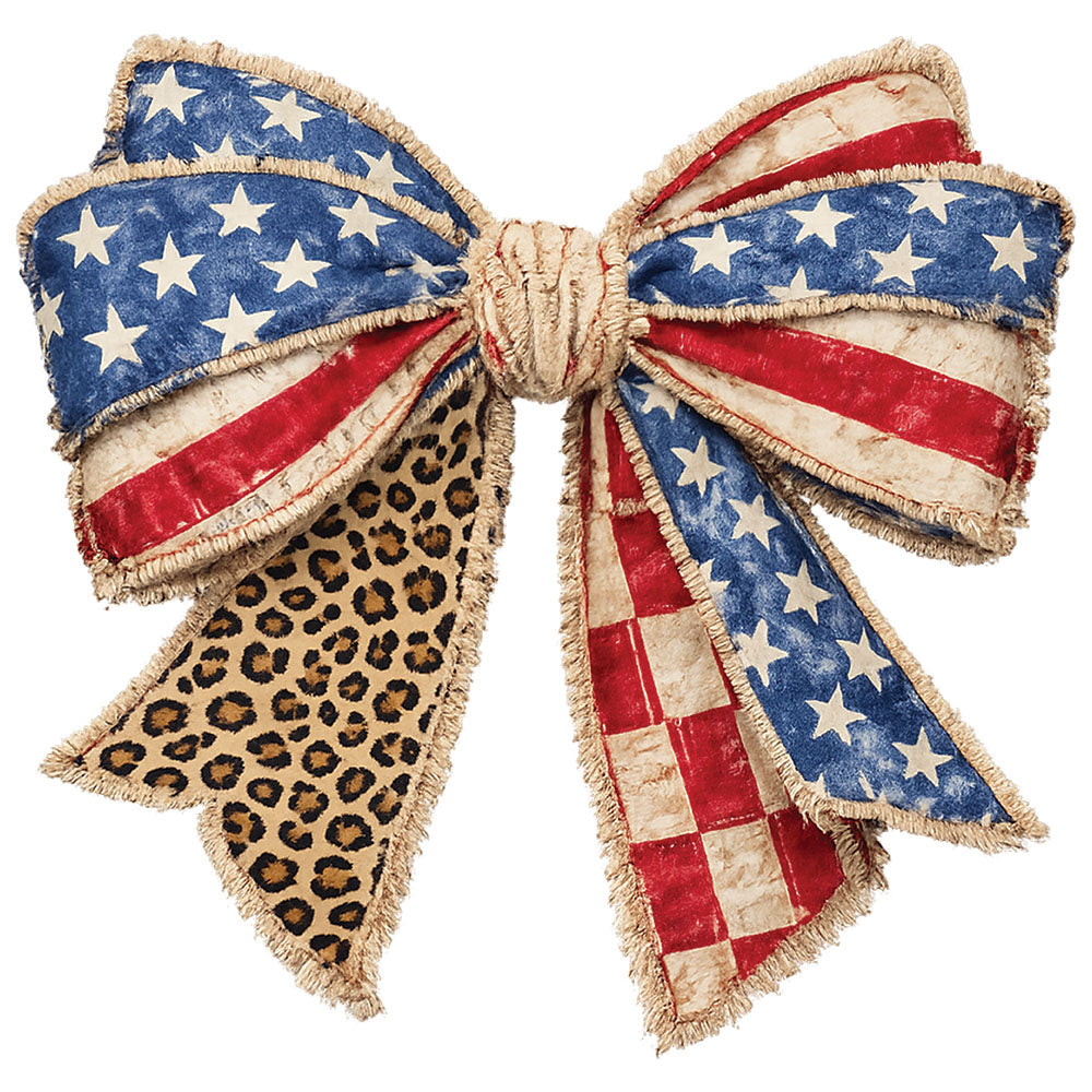 American Coquette Bow DTF transfer design featuring a large fringed coquette bow in American flag stripes paired with red and white checkered fabric and leopard print
