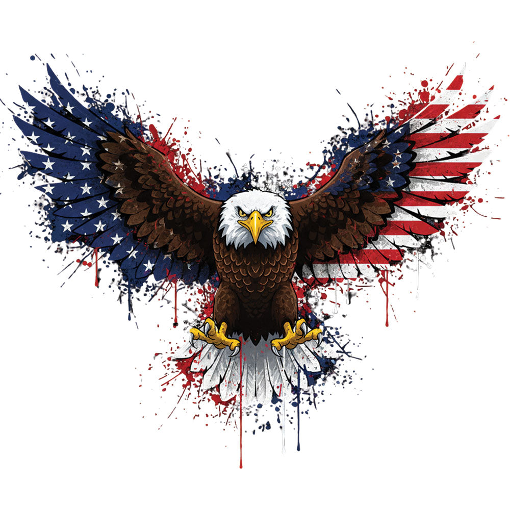American Vibrant Eagle DTF transfer design featuring a bald eagle with spread wings against a tattered red white and blue American flag background