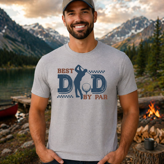 Best Dad By Par DTF transfer mockup on a t-shirt featuring a navy golfer silhouette as the letter A in DAD with a golf ball