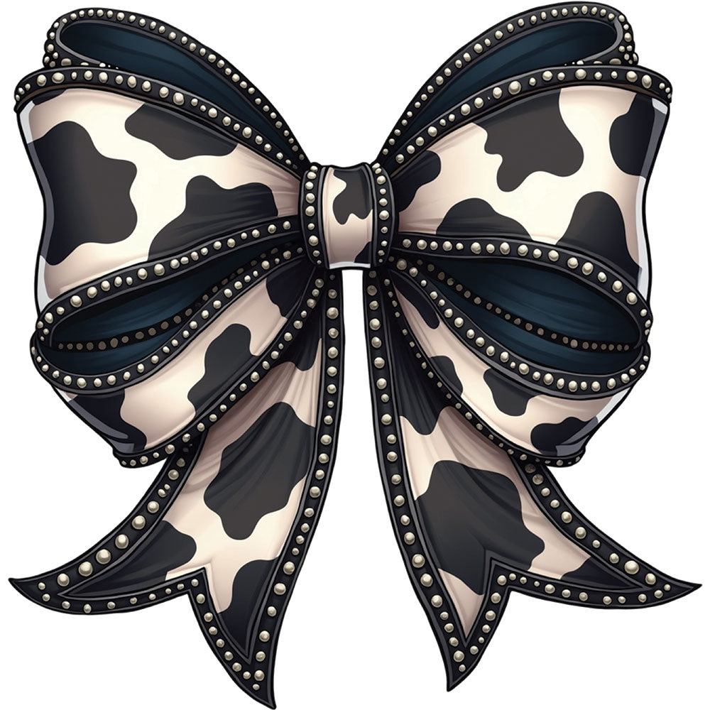 Black Cowhide Bow DTF transfer design featuring a large layered satin bow in black and white cowhide print with studded edge accents