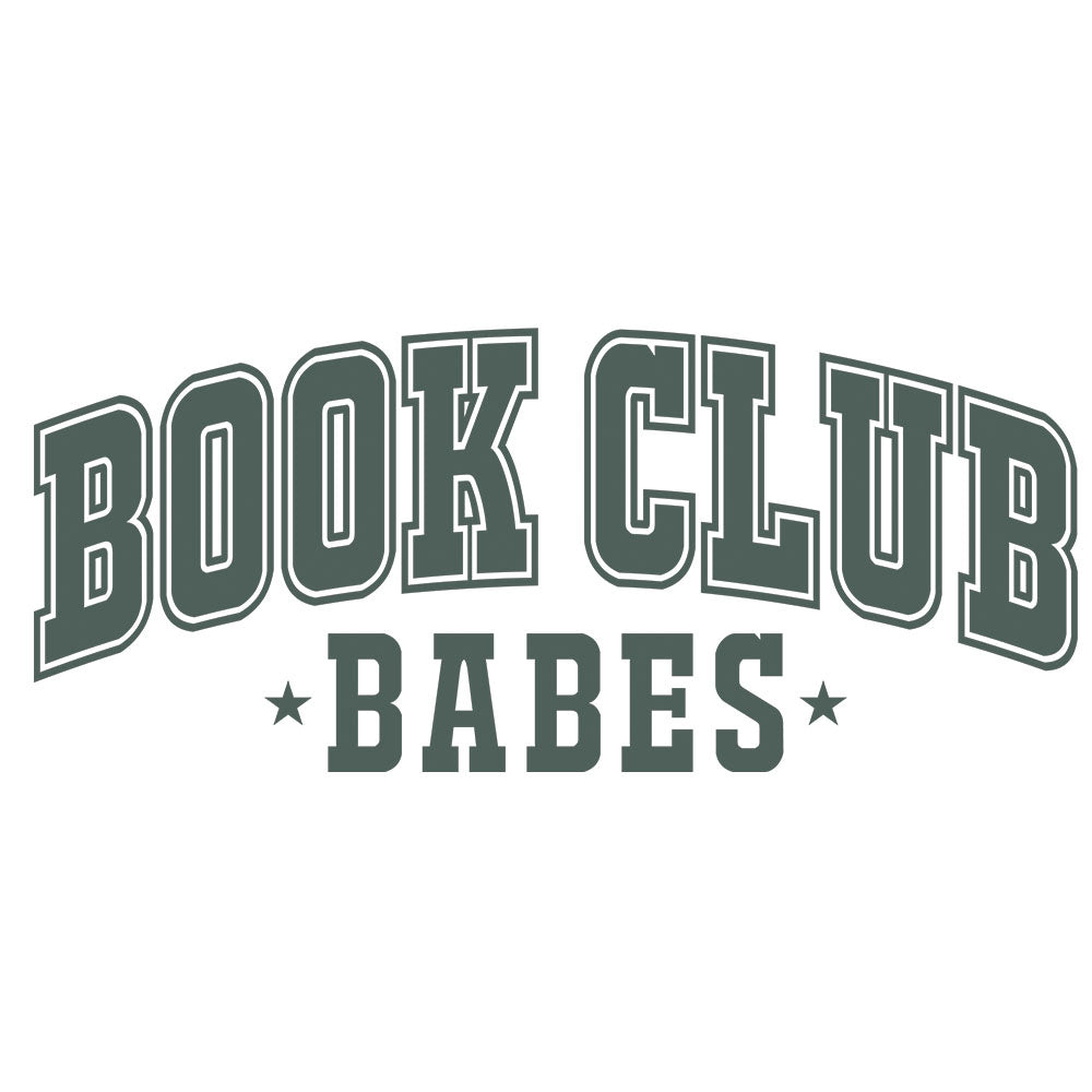 Book Club Babes Green DTF transfer design featuring vertical Book Club Babes typography in green tones with floral and book accents