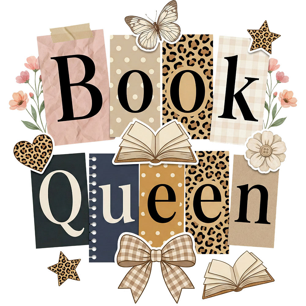 Book Queen DTF transfer design featuring a stack of leopard print books with floral accents, butterfly and a bow with Book Queen typography