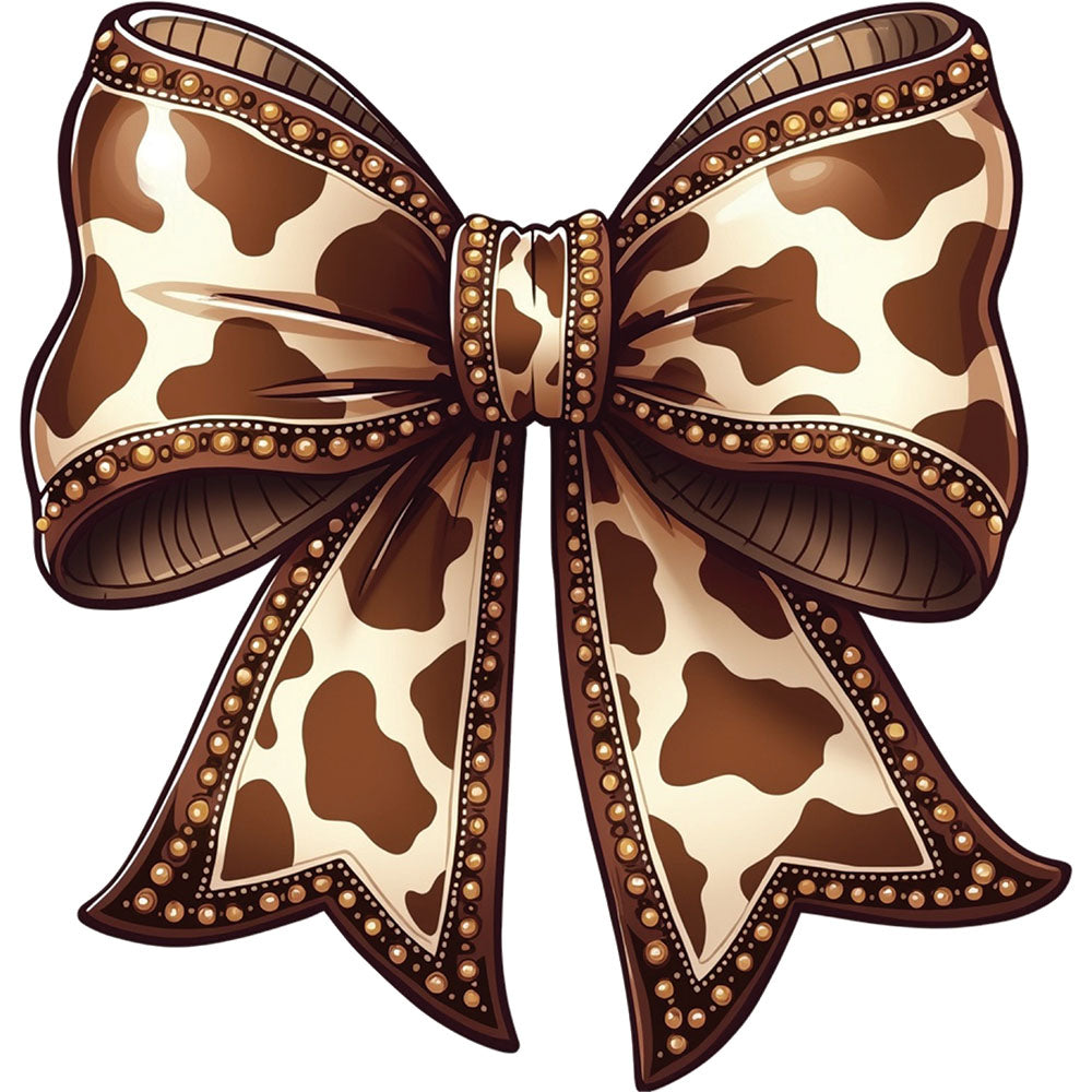 Brown Cowhide Bow DTF transfer design featuring a large layered satin bow in brown and white cowhide print with studded edge accents