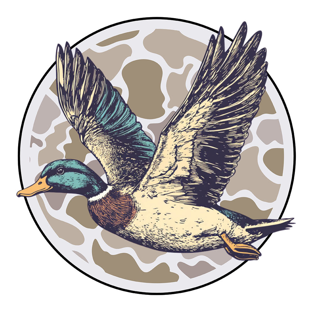 Camo Duck DTF transfer design featuring a flying mallard duck silhouetted against a circular green and tan camouflage background