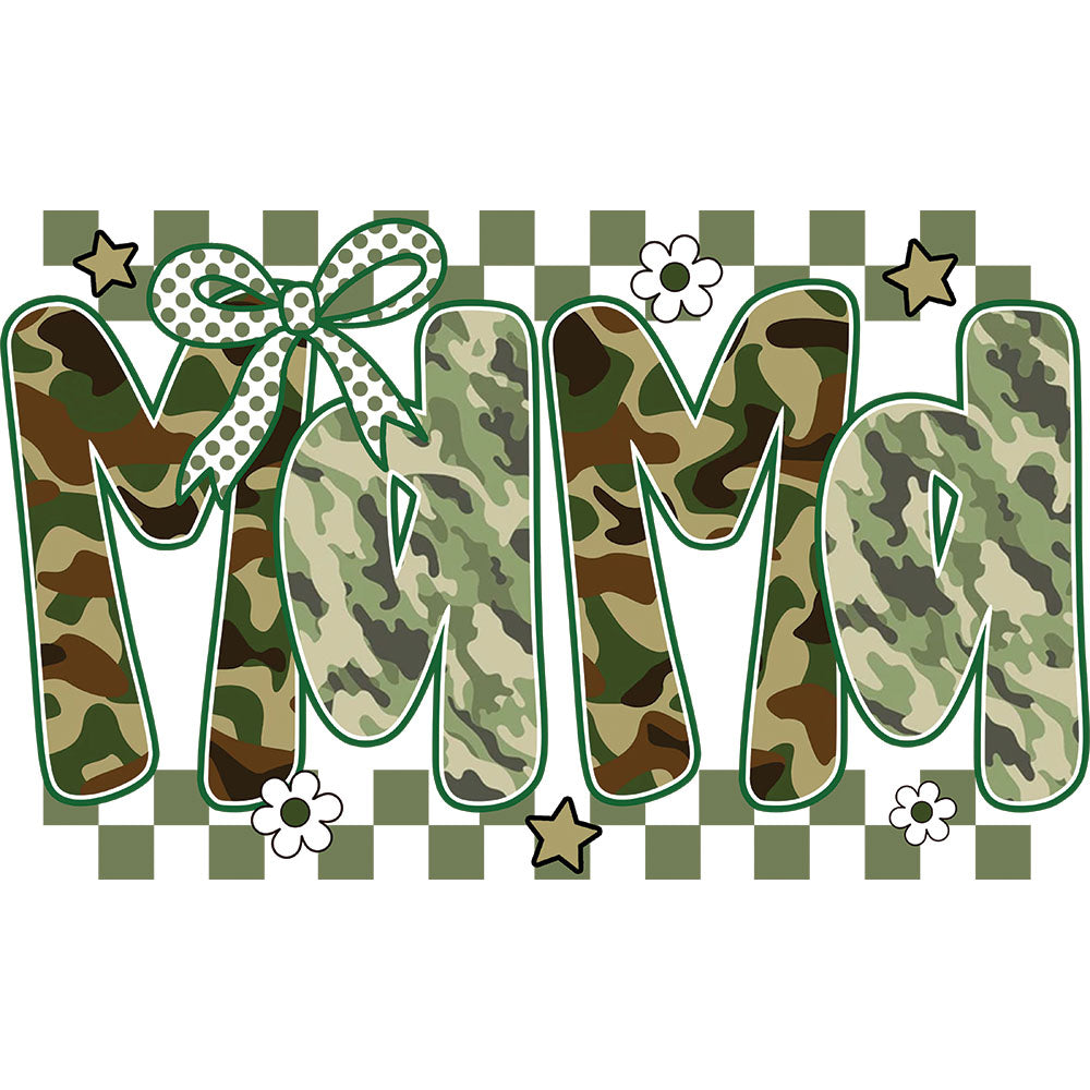 Camo Green Mama DTF transfer design featuring MAMA letters filled with green camouflage and checkered patterns topped with deer antlers
