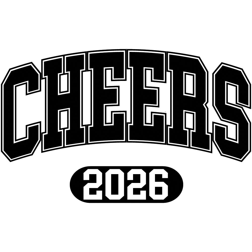 Cheers 2026 Varsity DTF transfer design featuring bold black CHEERS 2026 collegiate varsity block lettering with an underline