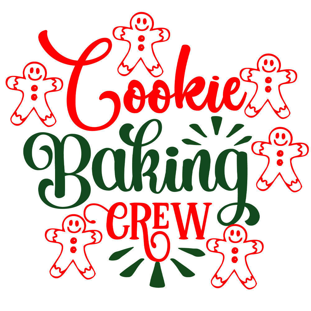 Cookie Baking Crew DTF transfer design featuring red and green Cookie Baking Crew typography surrounded by smiling gingerbread men