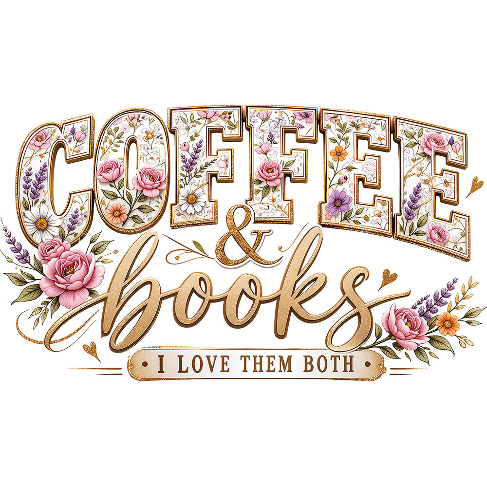 Coffee And Books DTF transfer design featuring book and coffee themed open-book illustration with floral accents and warm earth tones