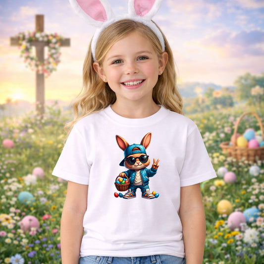 Cool Easter Bunny DTF transfer design mockup on a t-shirt featuring a cool bunny in backwards cap, sunglasses and jacket holding an Easter egg basket