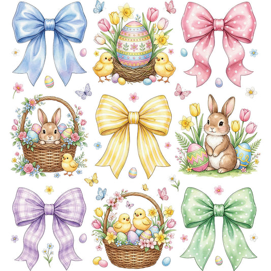 Coquette Easter Symbols DTF transfer design featuring pastel Easter eggs, bunny baskets and ribbon bows arranged in a soft pastel grid layout