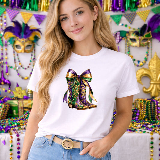 Coquette Boots Mardi Gras DTF transfer design mockup on a t-shirt featuring a tall cowboy boot decorated in Mardi Gras purple green and gold with a green satin bow on top