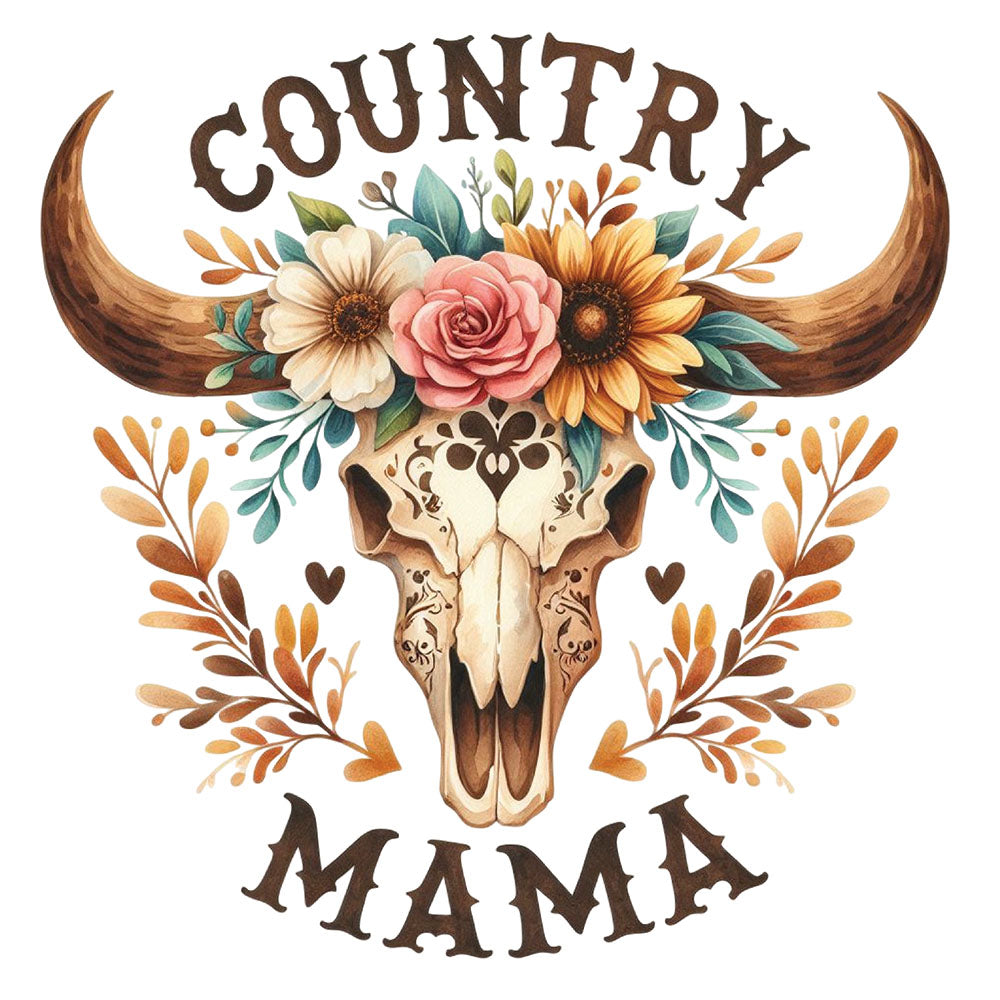 Country Mama DTF transfer design featuring a longhorn bull skull with rose floral crown and tan ribbon banner reading Country Mama
