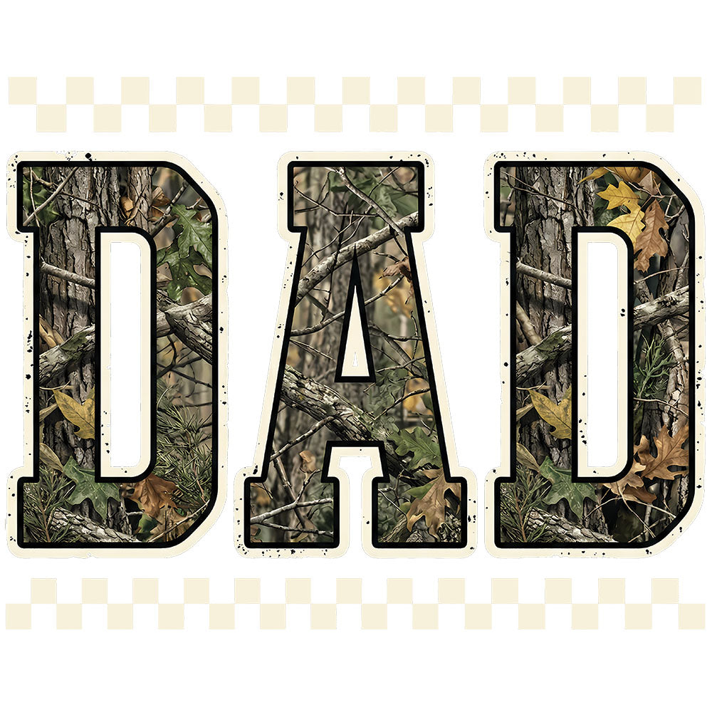 Dad Camo DTF transfer design featuring bold DAD typography filled with realistic forest camouflage pattern in greens and browns