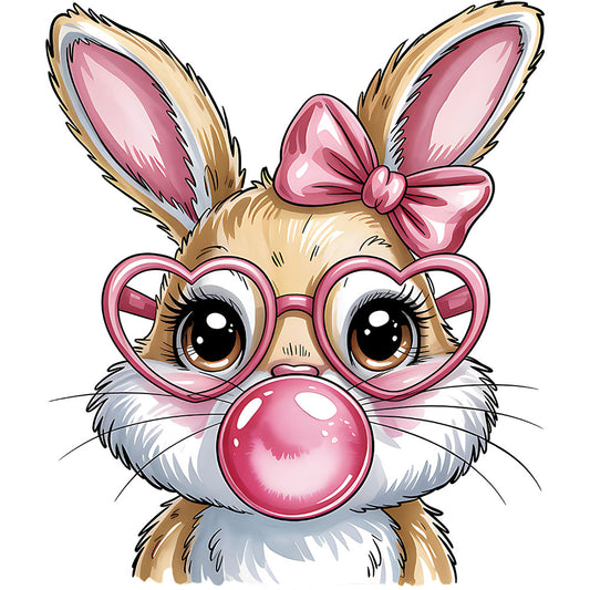 Easter Bunny Glam DTF transfer design featuring a cartoon bunny with pink heart-shaped glasses, a pink bow on her ear and pink bubble gum