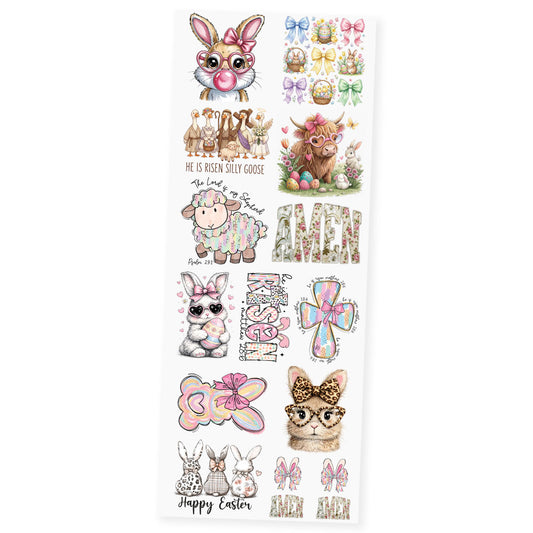 Easter Bunny and Spring Vibes premade DTF transfer gangsheet featuring 14 Easter and spring designs including Easter Bunny Glam with pink glasses, Coquette Easter Symbols, He Is Risen Silly Goose, Retro Easter Highland Cow, Lord Is My Shepherd pastel sheep, Amen Floral Pearls, Pastel Color Bunny, He Is Risen Easter print, Pastel Cross, Retro Preppy Bunny, Retro Leopard Bunny, Three Rustic Bunnies and Easter Bunny Ears Bow