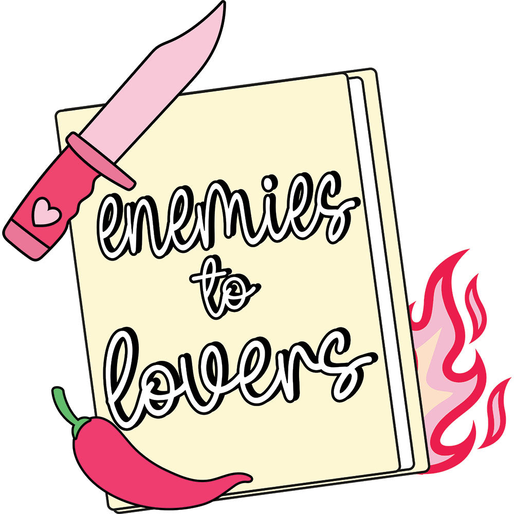 Enemies To Lovers DTF transfer design featuring a cream book with handwritten enemies to lovers script accented by a pink dagger, red chili pepper, and flames in a book trope style