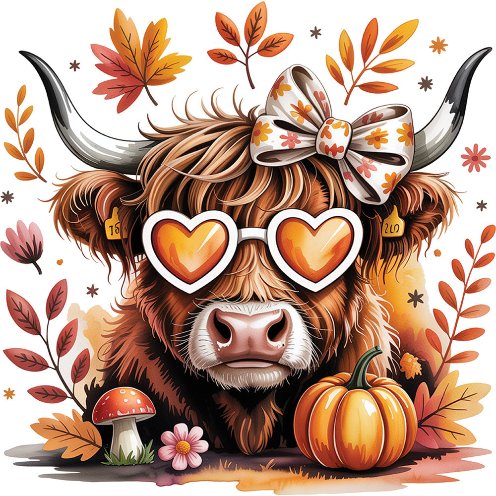 Fall Highland Cow DTF transfer design featuring a fluffy brown highland cow with orange heart sunglasses, fall-floral bow surrounded by orange and red autumn leaves, mushrooms and pumpkins