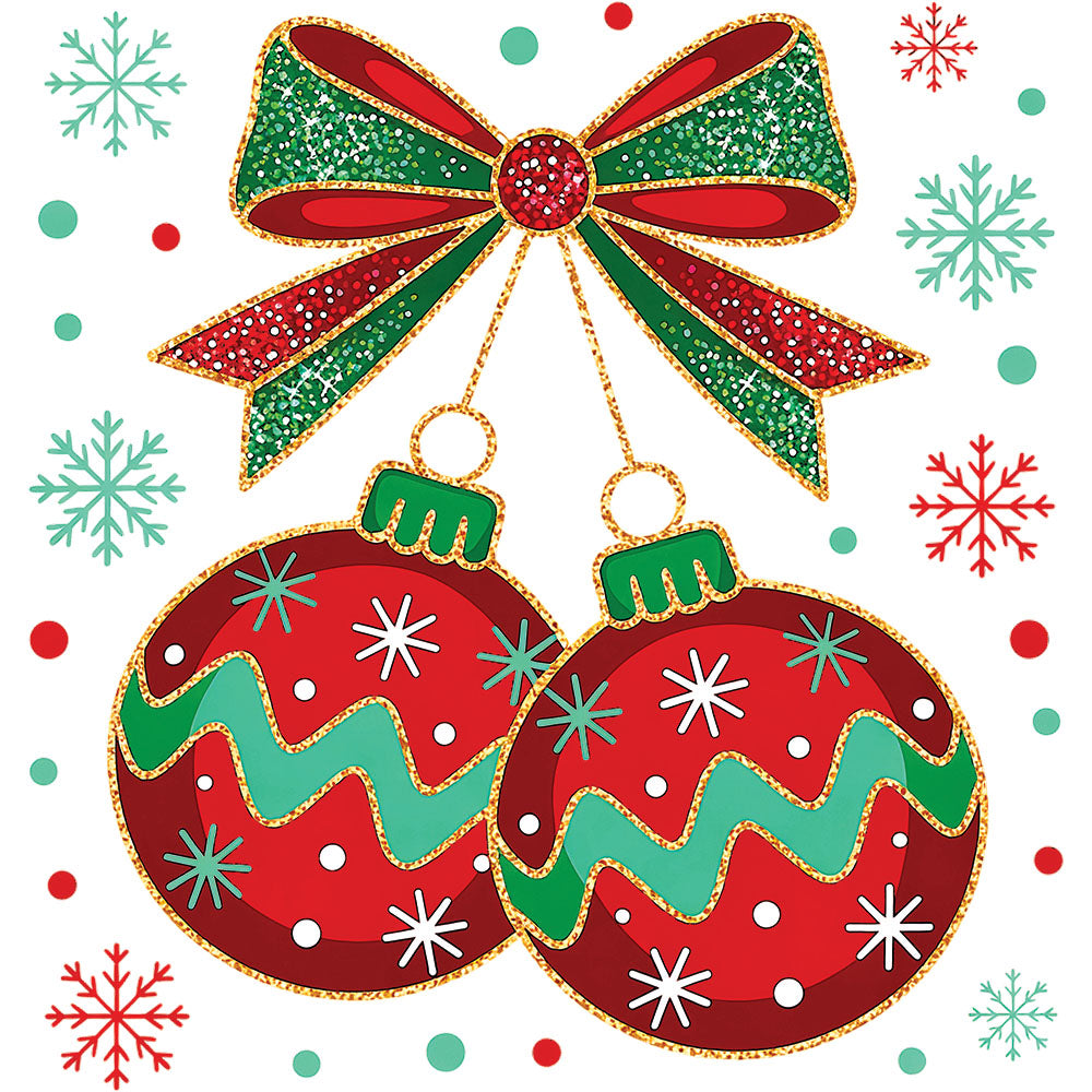 Faux Glitter Christmas Ornament DTF transfer design featuring two red and green glittered Christmas ornament balls with white snowflakes hanging from a red and green sequined ribbon bow against a snowflake pattern