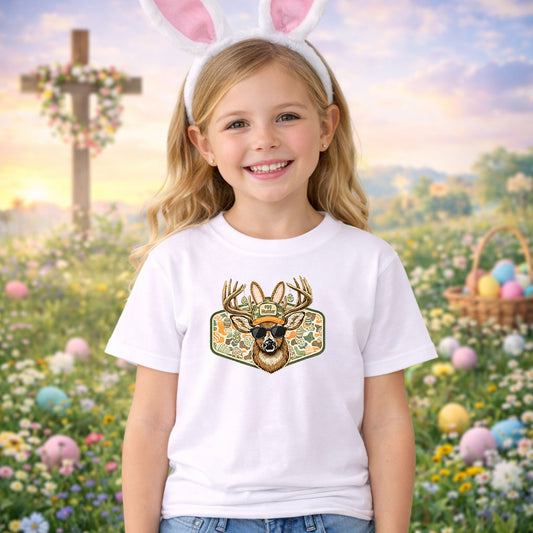 Faux Patch Egg Hunter DTF transfer design mockup on a t-shirt featuring a deer with bunny ears, sunglasses and egg Hunter cap on a camouflage Easter egg background