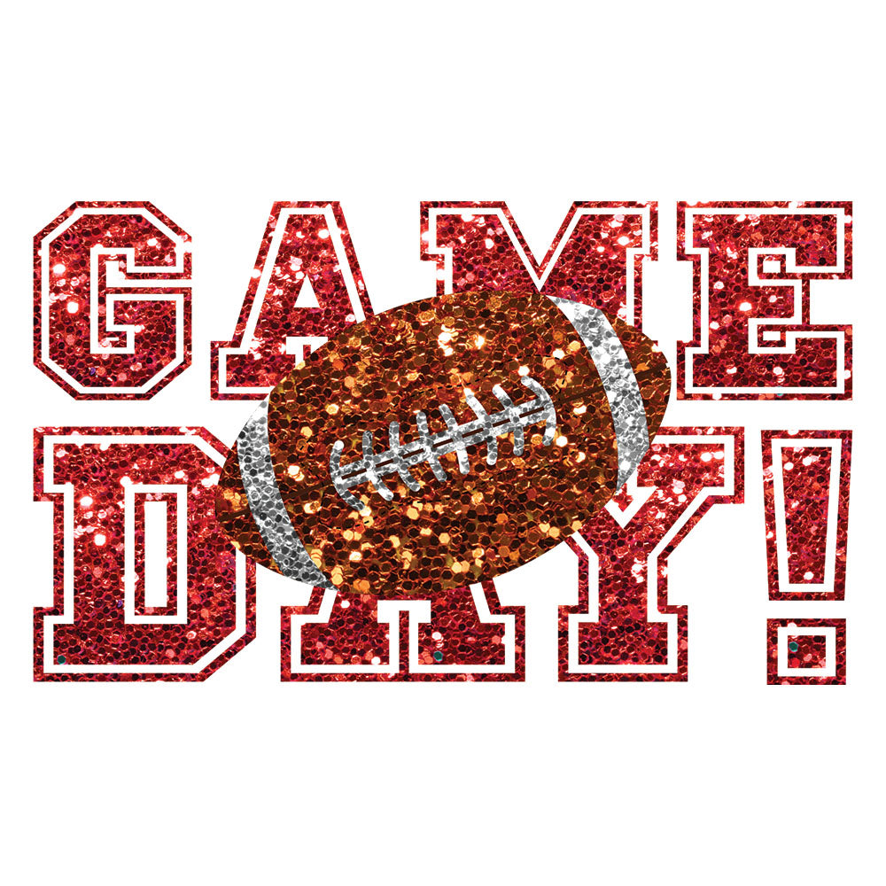 Faux Sequin Game Day Football Red DTF transfer design featuring red faux sequin GAME DAY! varsity letters with an orange and gold sequin football