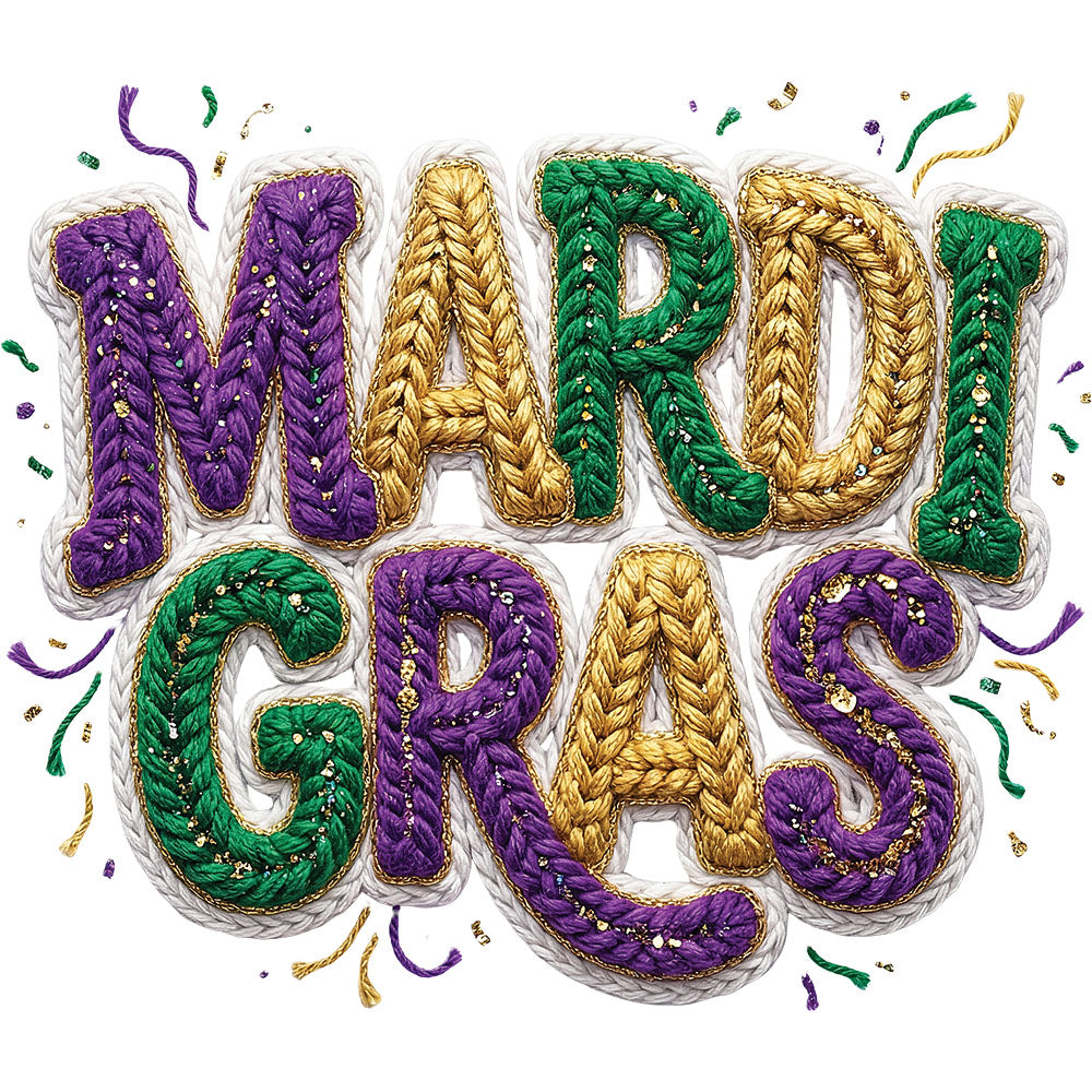 Faux Yarn Mardi Gras DTF transfer design featuring MARDI GRAS typography rendered in faux yarn crochet texture in classic purple green and gold colors