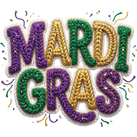 Faux Yarn Mardi Gras DTF transfer design featuring MARDI GRAS typography rendered in faux yarn crochet texture in classic purple green and gold colors