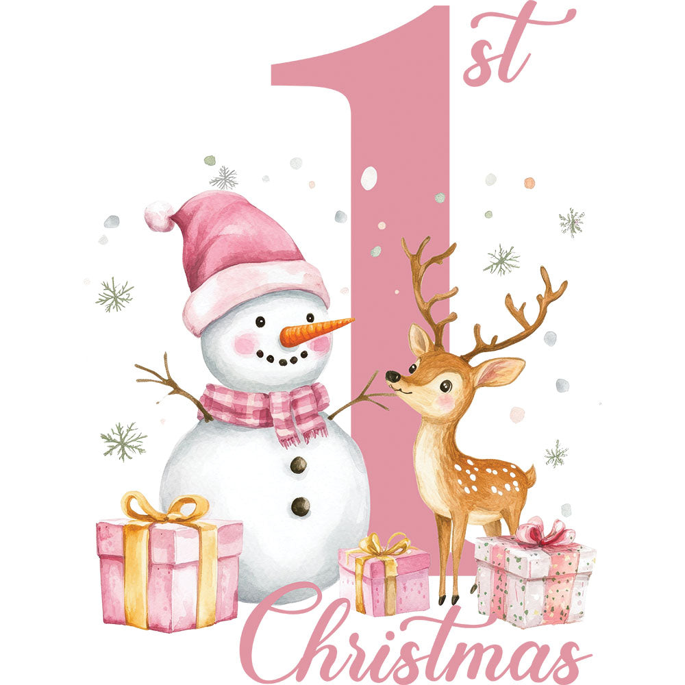 First Christmas Pink Snowman DTF transfer design featuring a pink number 1st with snowman, reindeer and wrapped presents under Christmas script for baby's first Christmas