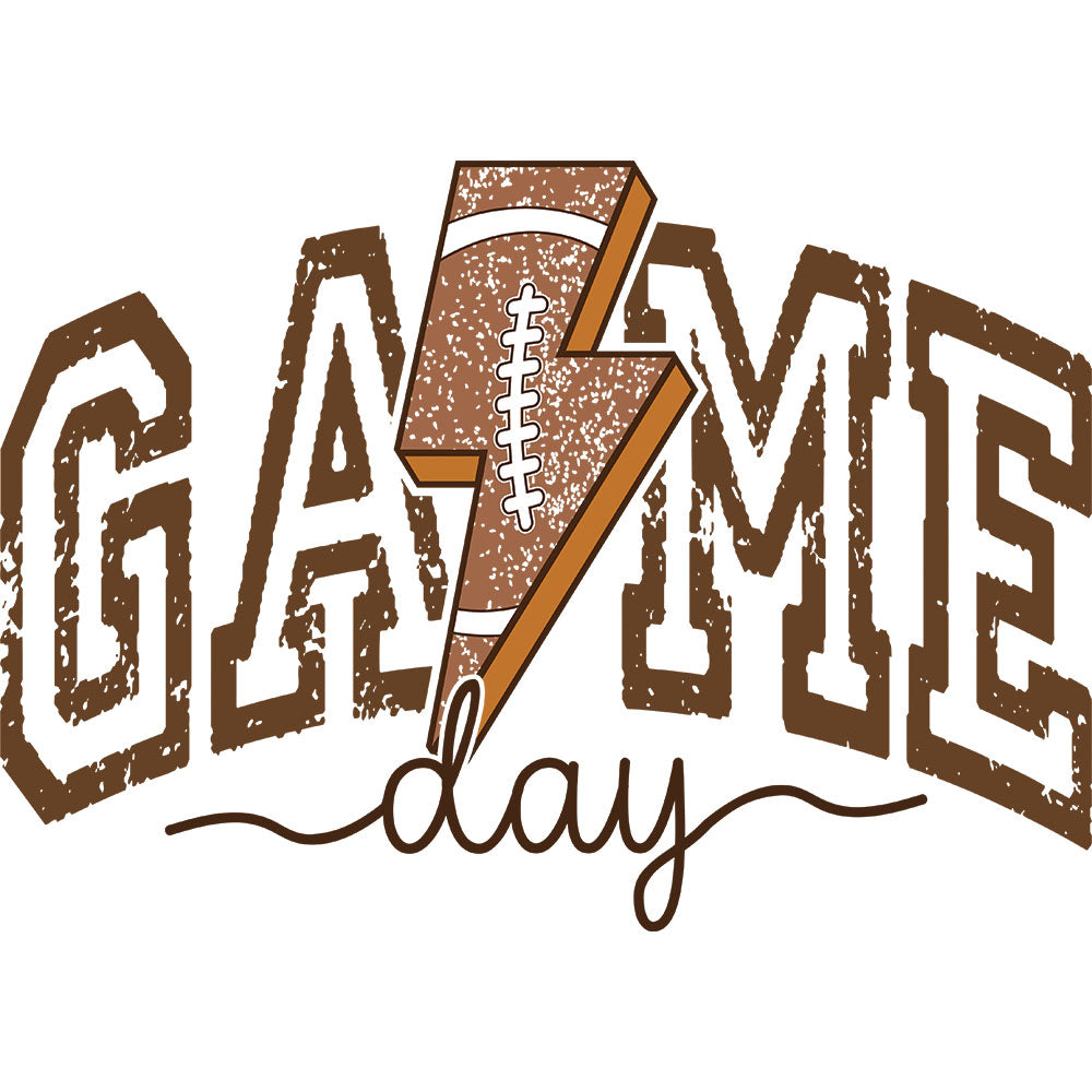 Football Game Day Lightning Bolt DTF transfer design featuring distressed brown GAME varsity typography with a football, lightning bolt and day script