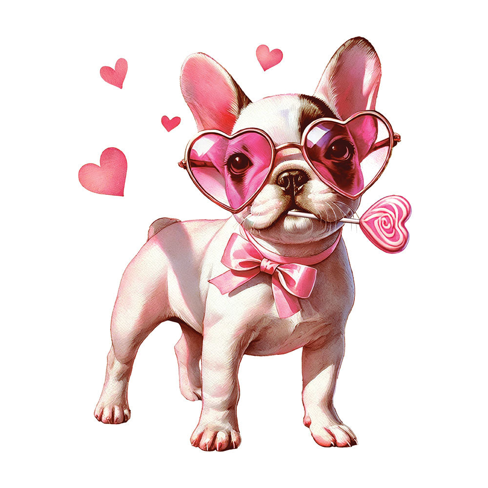 Frenchie Hearts DTF transfer design featuring a pink French Bulldog standing with pink heart sunglasses, pink bow and pink heart accents floating around it