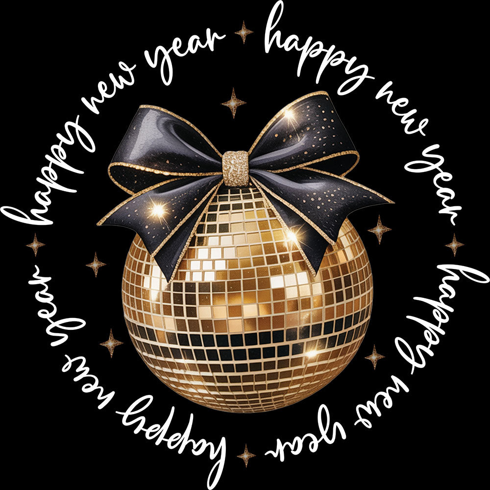 Happy New Year Sparkle Disco Bow White DTF transfer design featuring a gold sequin disco ball with black bow encircled by white happy new year script lettering