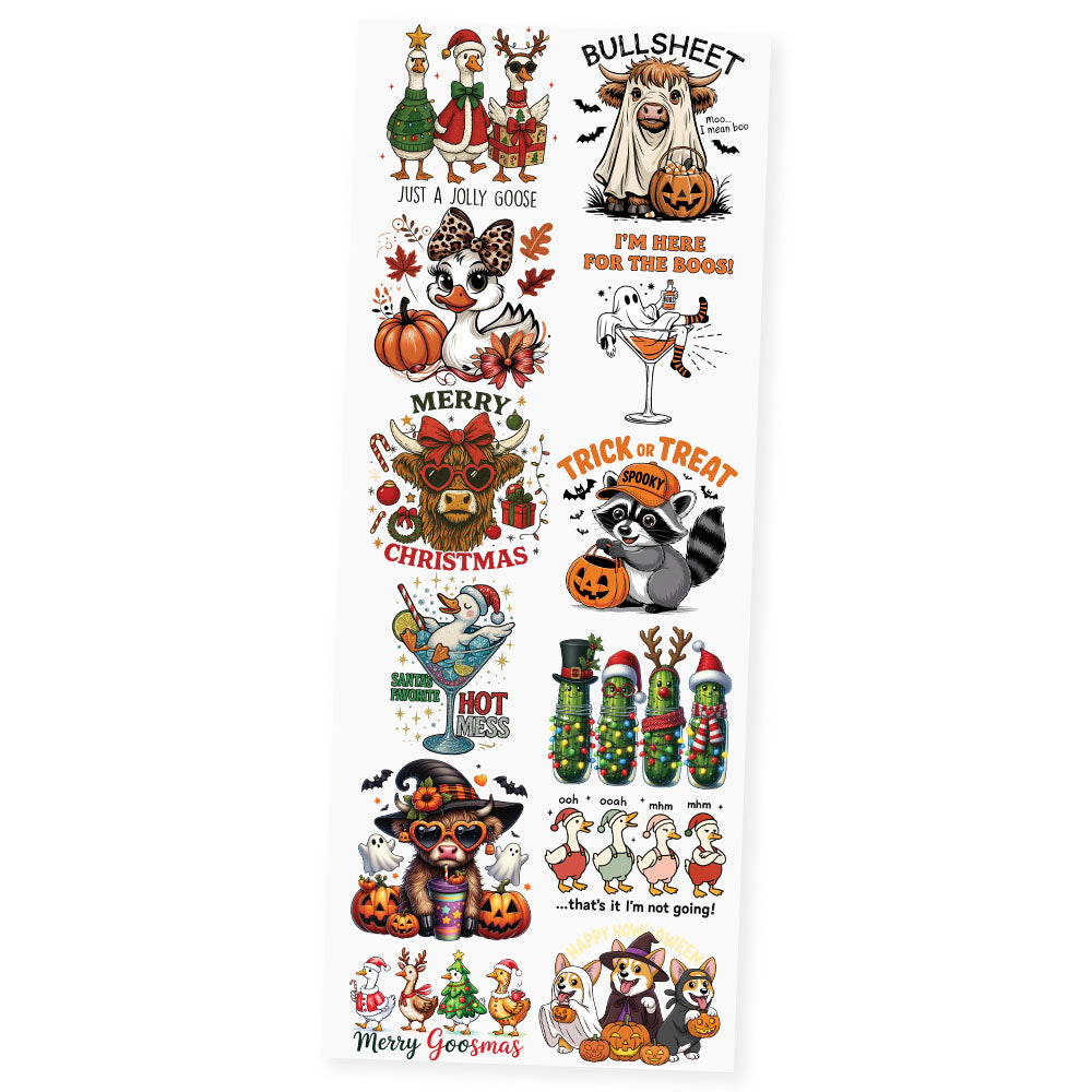 Holiday Herd Vibes premade DTF transfer gangsheet featuring a mix of Christmas and Halloween designs including Just a Jolly Goose trio, Bullsheet highland cow, Trick or Treat raccoon, Merry Christmas highland cow, Christmas pickles, witch goose with ghosts, Merry Goosmas and Christmas corgis