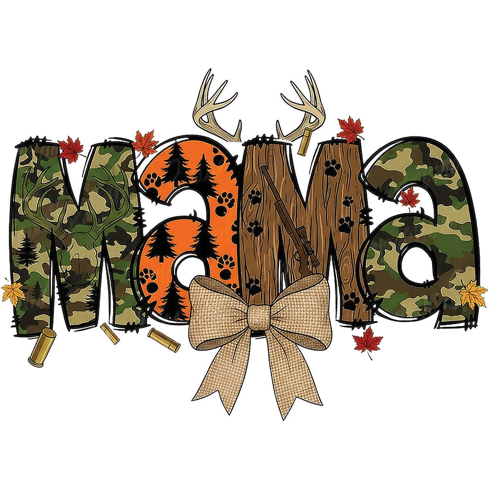 Hunting Mama DTF transfer design featuring MAMA letters filled with camouflage and orange autumn leaf patterns topped with deer antlers and a bow accent