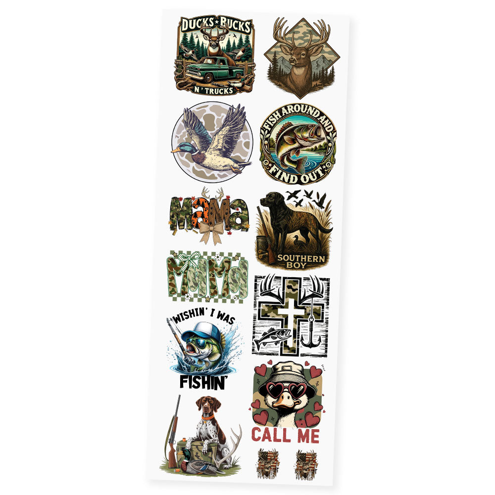 Hunting and Outdoors premade DTF transfer gangsheet featuring 12 hunting and fishing designs including Ducks Bucks N Trucks, American Flag Buck, Camo Buck, Hunting Mama, Southern Boy hunting dog, Wishin I Was Fishin, Camo Cross, Hunting Dog pointer, Camo Duck, Camo Green Mama, Fish Around and Find Out and Call Me Duck
