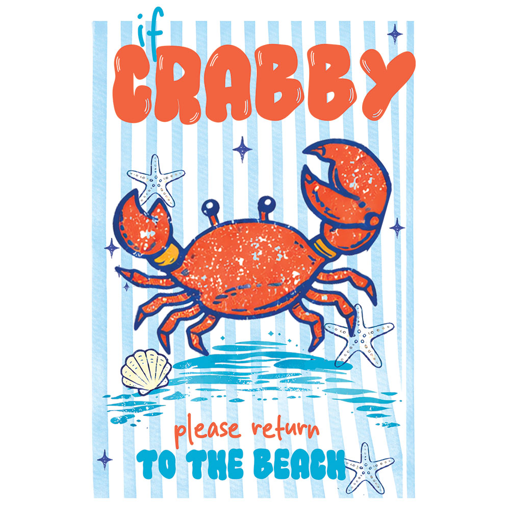 If Crabby Please Return To The Beach DTF transfer design featuring a vibrant orange crab with claws raised on a light blue striped background with starfish accents