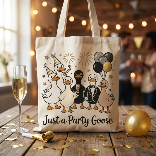 Just A Party Goose DTF transfer design mockup on a canvas tote bag featuring five cartoon party geese with champagne and balloons against a string-lights party scene