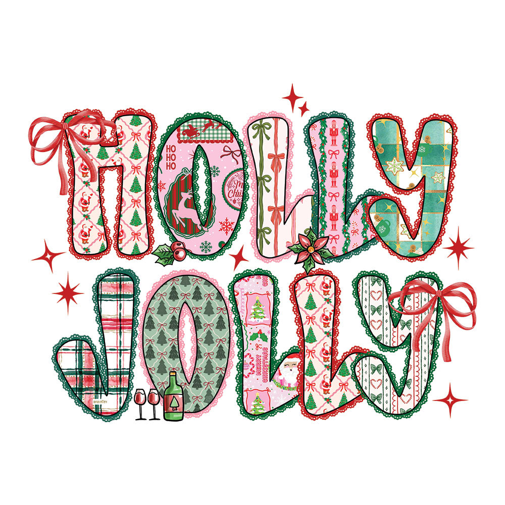 Lace Holly Jolly DTF transfer design featuring HOLLY JOLLY letters filled with patchwork Christmas patterns of trees, plaid, gingerbread and stripes with small bow accents