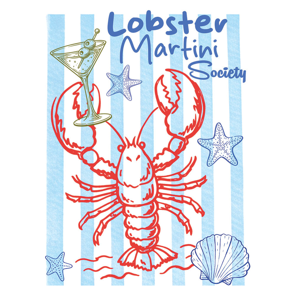 Lobster Martini Society DTF transfer design featuring a red lobster holding an olive martini glass on a blue and white striped background with seashells and starfish accents