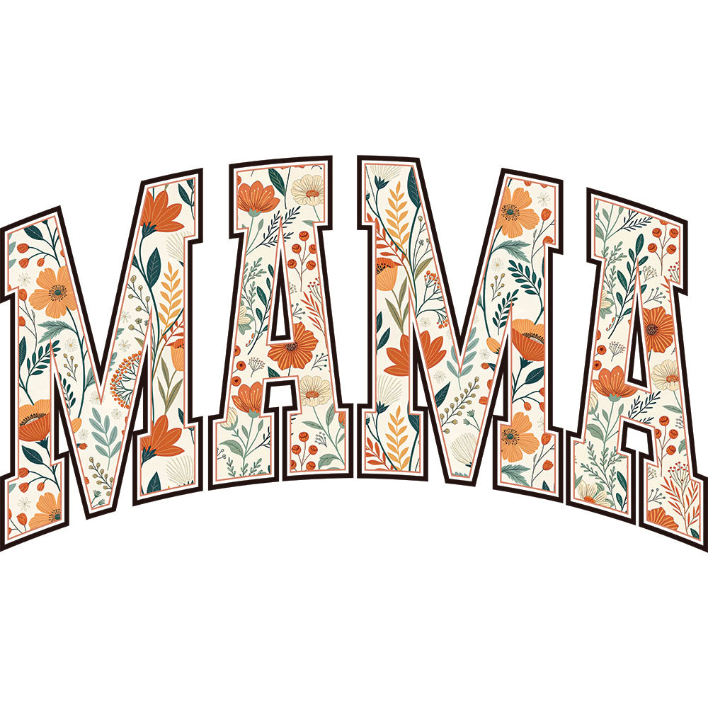 Mama Boho Floral Varsity DTF transfer design featuring MAMA in bold varsity-style letters filled with boho floral pattern and daisies