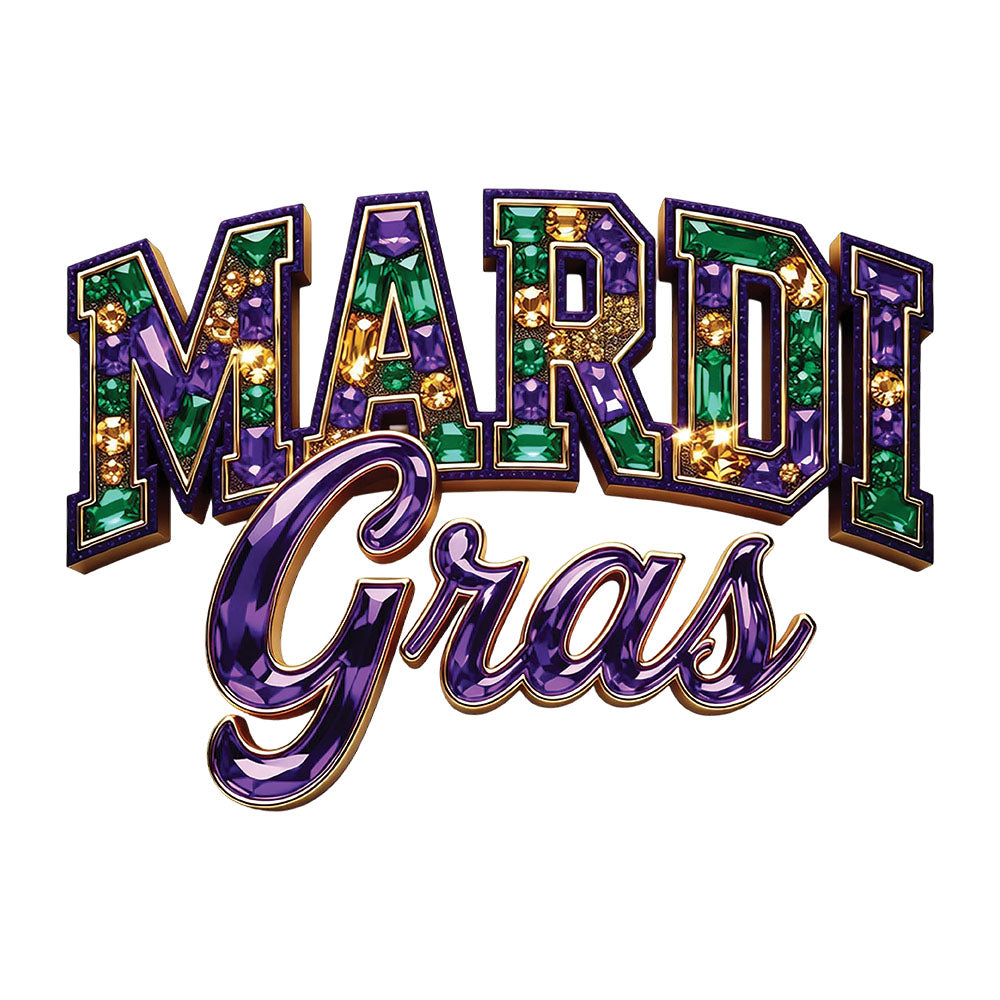 Mardi Gras Rhinestone DTF transfer design featuring faux rhinestone MARDI GRAS lettering in purple green and gold with sparkle accents