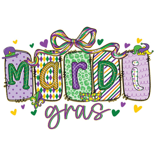 Mardi Gras Vibrant DTF transfer design featuring bold vibrant MARDI GRAS lettering with cursive Gras script in classic Mardi Gras purple green and gold