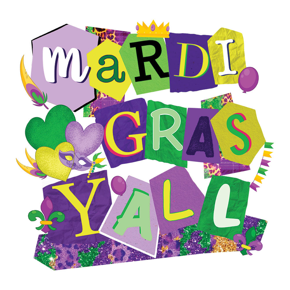 Mardi Gras Y'all DTF transfer design featuring multicolor cut-out style MARDI GRAS Y'ALL lettering with fleur-de-lis and small ornaments