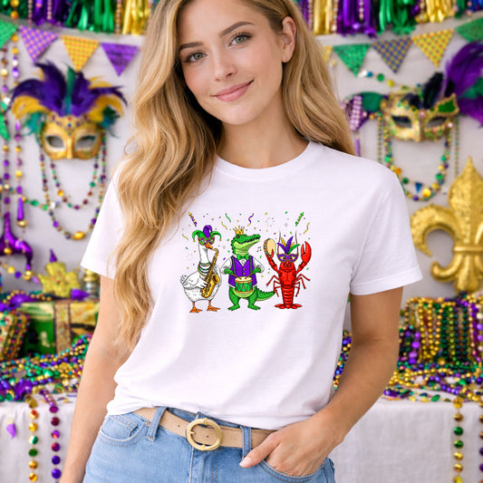 Mardi Gras Animals DTF transfer design mockup on a t-shirt featuring three party animals a goose, frog and crawfish wearing crowns for Mardi Gras