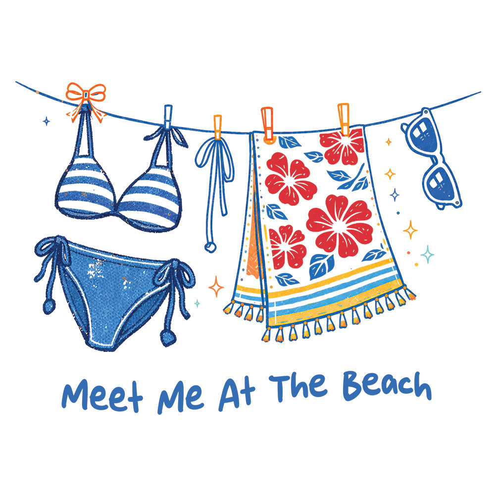 Meet Me At The Beach Bikini DTF transfer design featuring a clothesline with a blue striped bikini and a floral beach towel with Meet Me At The Beach script